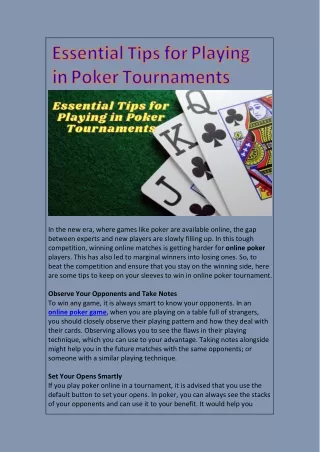 Essential Tips for Playing in Poker Tournaments