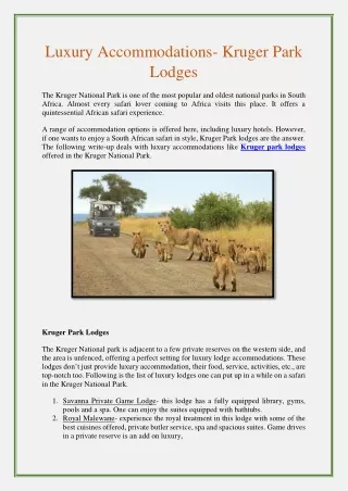 Luxury Accommodations- Kruger Park Lodges