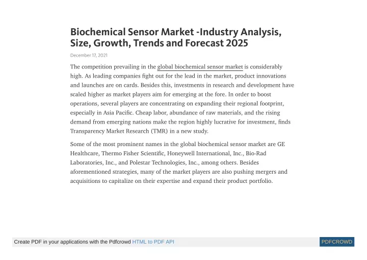 biochemical sensor market industry analysis size