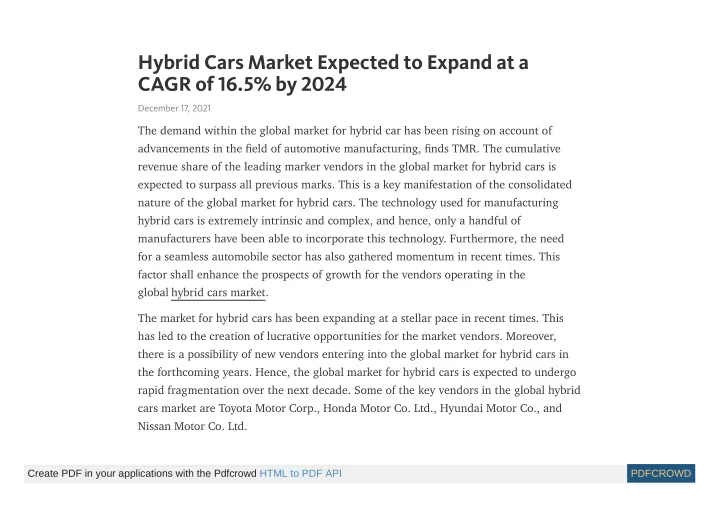 hybrid cars market expected to expand at a cagr