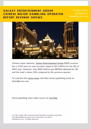 Galaxy Entertainment Group chinese major gambling operator report revenue grows - GameBarron