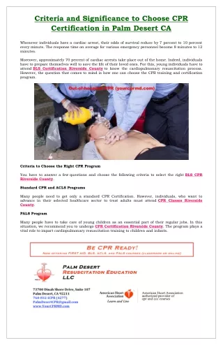 Criteria and Significance to Choose CPR Certification in Palm Desert CA