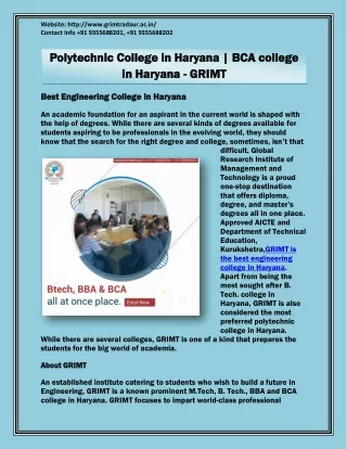 Polytechnic College in Haryana | BCA college in Haryana - GRIMT
