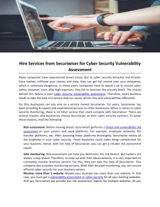 Hire Services from Securiwiser for Cyber Security Vulnerability Assessment