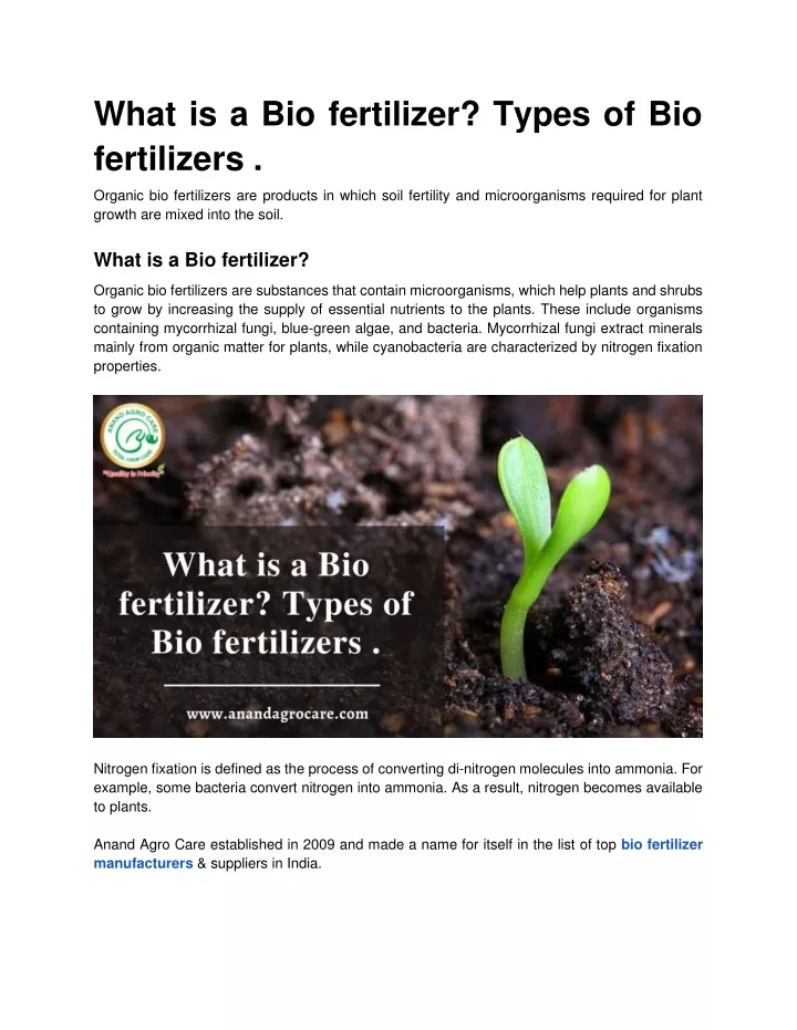 what is a bio fertilizer types of bio fertilizers