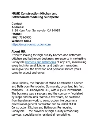MUSK Construction Kitchen and BathroomRemodeling Sunnyvale