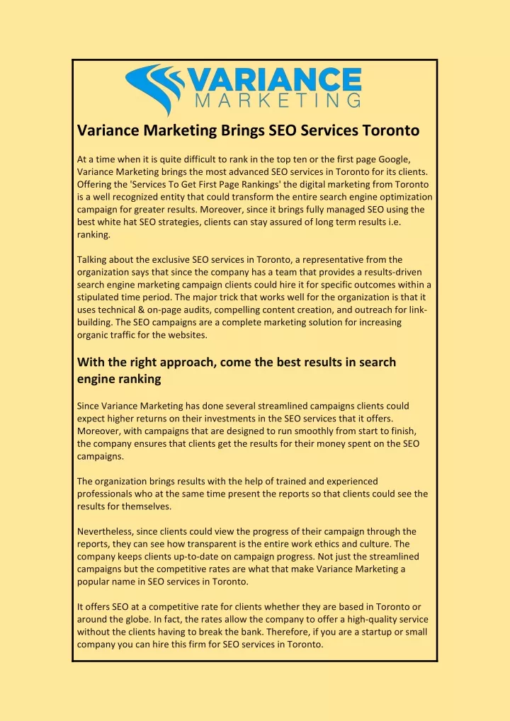 variance marketing brings seo services toronto