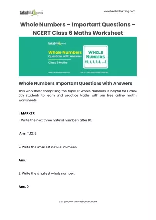 Important Questions & Answers for CBSE Class 6 Maths Whole Numbers