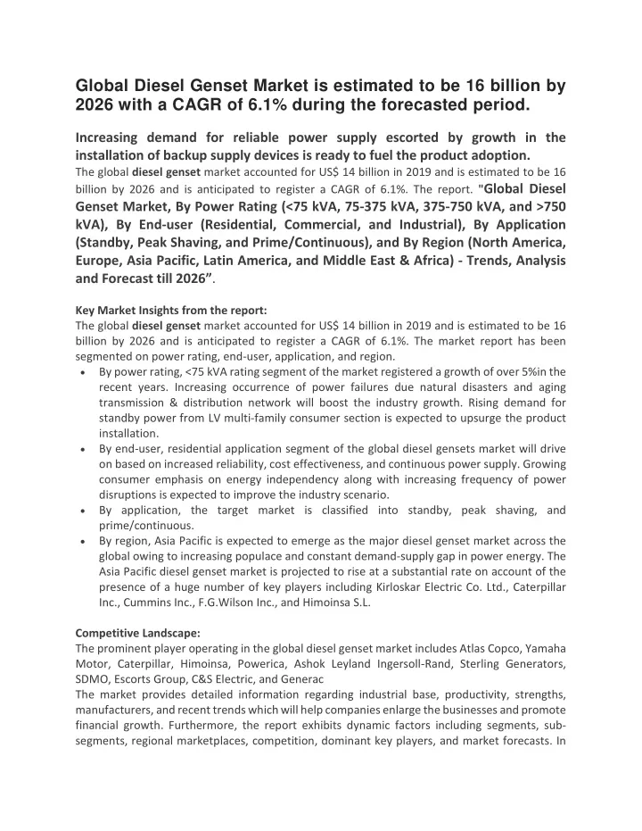 global diesel genset market is estimated