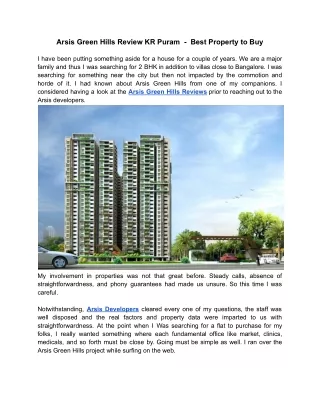 Arsis Green Hills Review KR Puram  -  Best Property to Buy