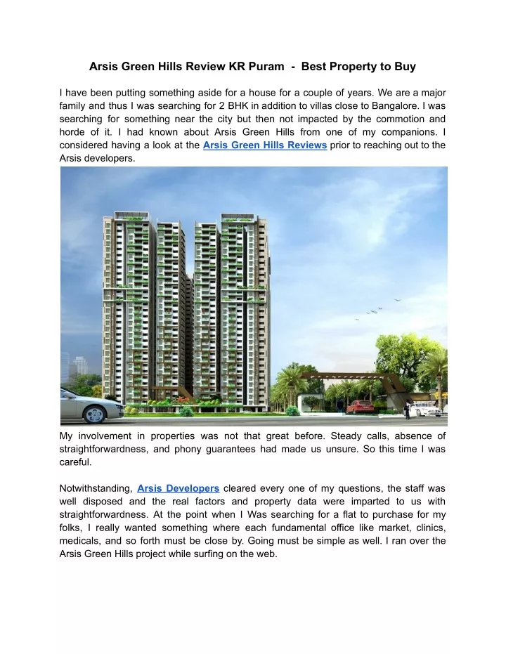 arsis green hills review kr puram best property