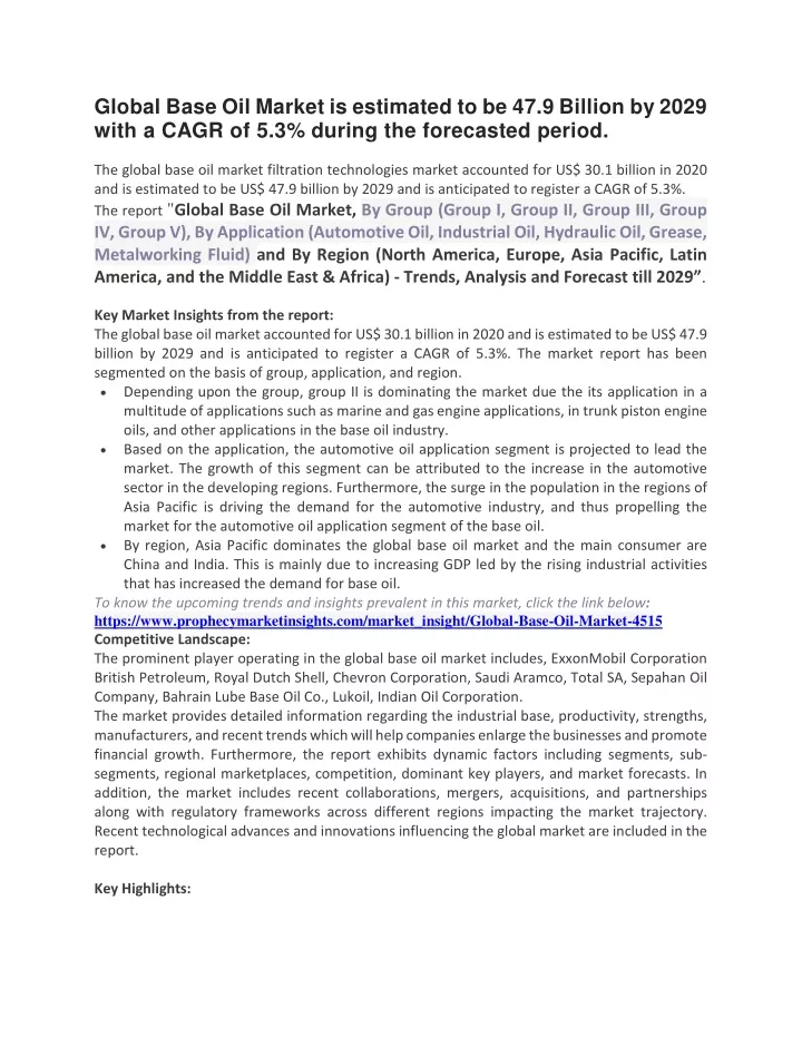 global base oil market is estimated