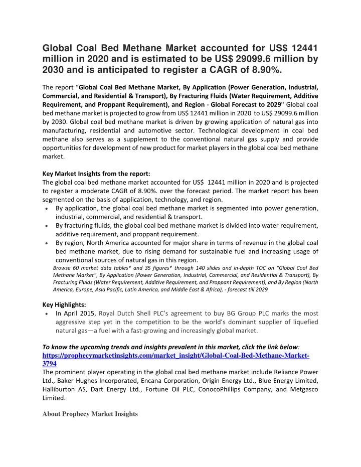 global coal bed methane market accounted