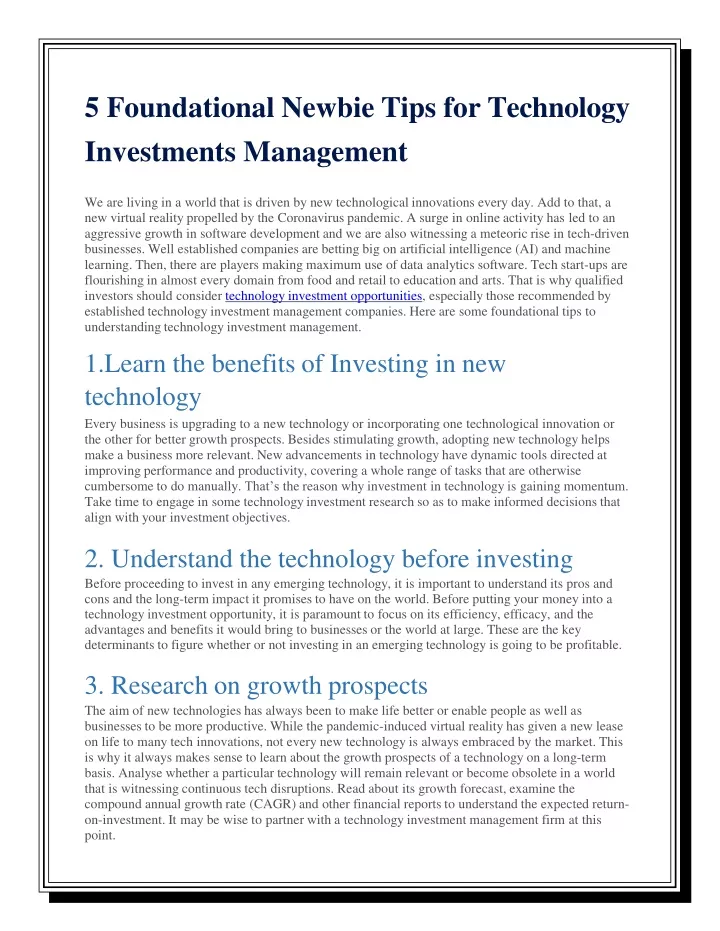 5 foundational newbie tips for technology investments management
