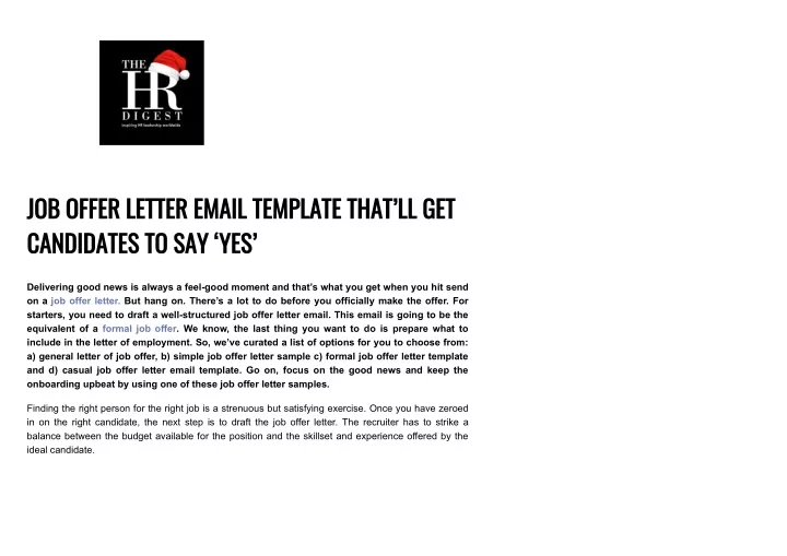 job offer letter email template that