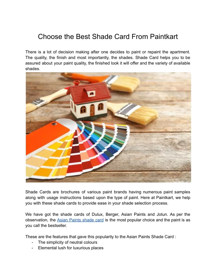 choose the best shade card from paintkart