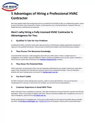 5 Advantages of Hiring a Professional HVAC Contractor