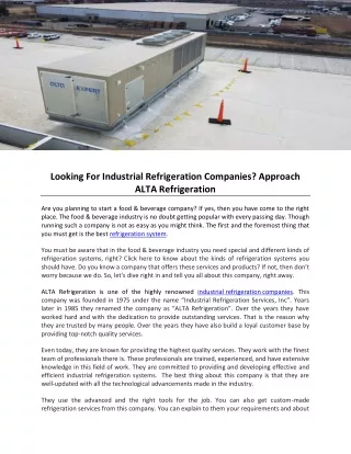Looking For Industrial Refrigeration Companies? Approach ALTA Refrigeration
