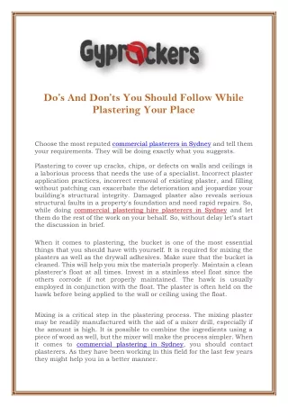 Dos And Donts You Should Follow While Plastering Your Place