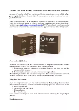 Power Up Your Device With high voltage power supply circuit From HVM Technology