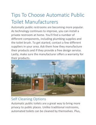 Tips To Choose Automatic Public Toilet Manufacturers
