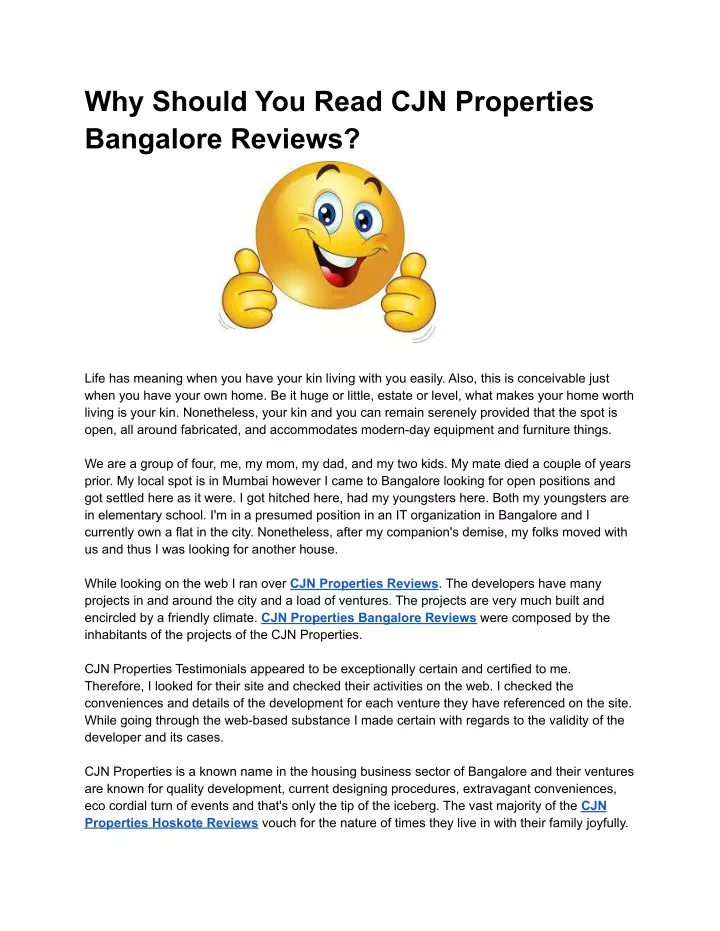 why should you read cjn properties bangalore