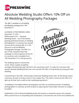 EINPresswire-absolute wedding studio offers 10 off on all wedding photography packages