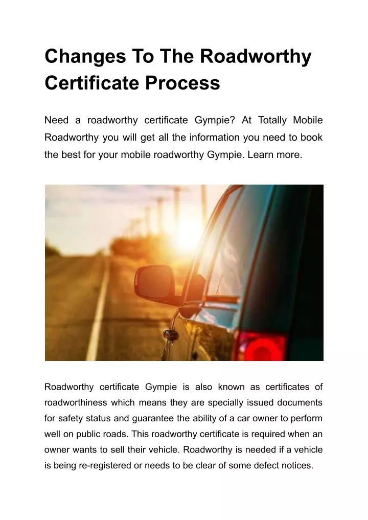 changes to the roadworthy certificate process