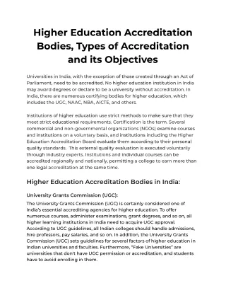 Higher Education Accreditation Bodies, Types of Accreditation and its Objectives
