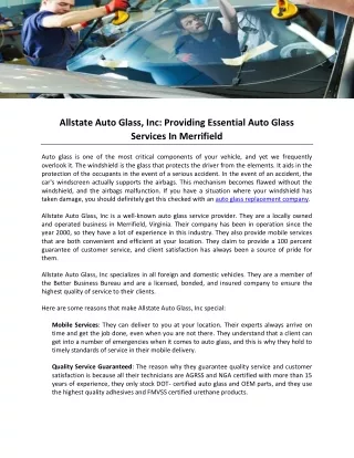 Allstate Auto Glass, Inc- Providing Essential Auto Glass Services In Merrifield