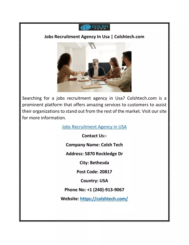 jobs recruitment agency in usa colshtech com