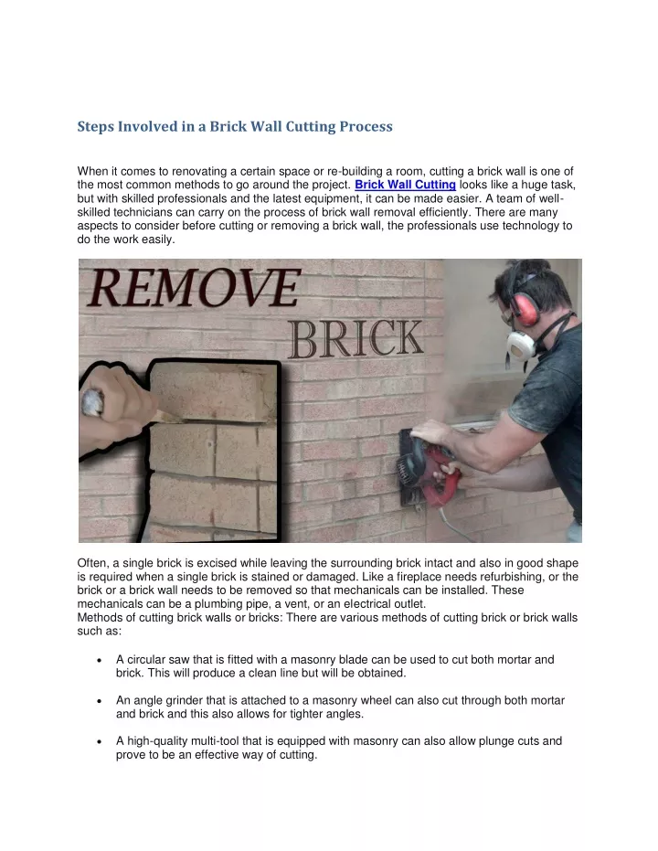 steps involved in a brick wall cutting process