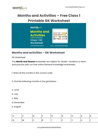 Months and Activities - Free CBSE Class 1 Printable GK Worksheet