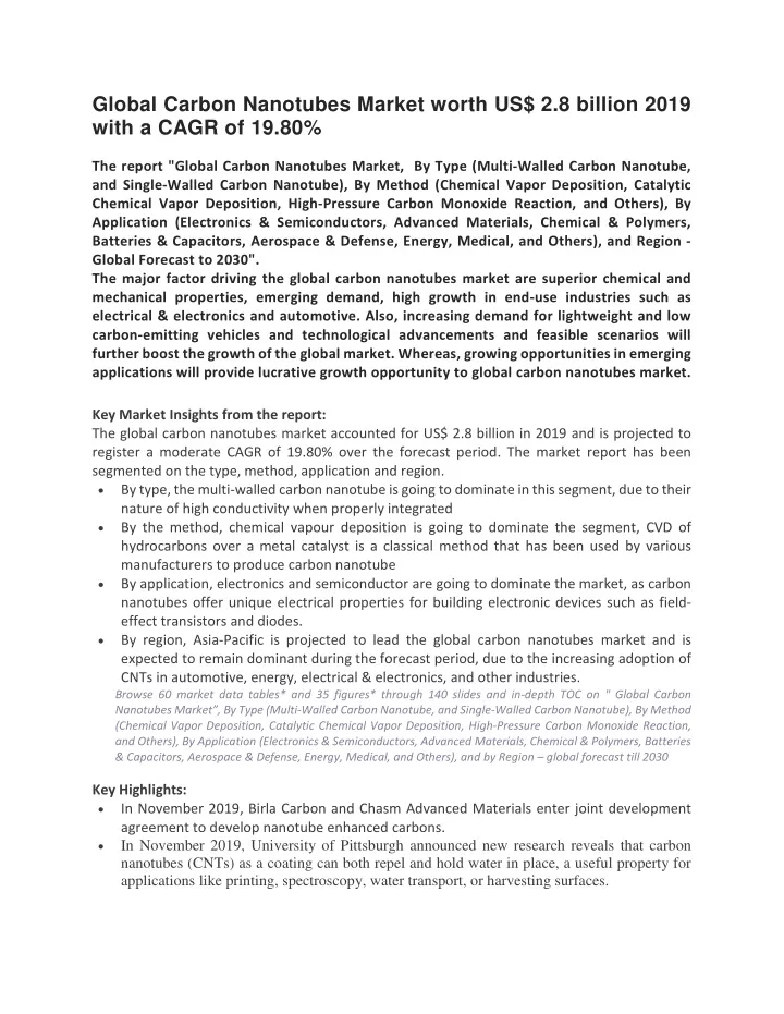 global carbon nanotubes market worth