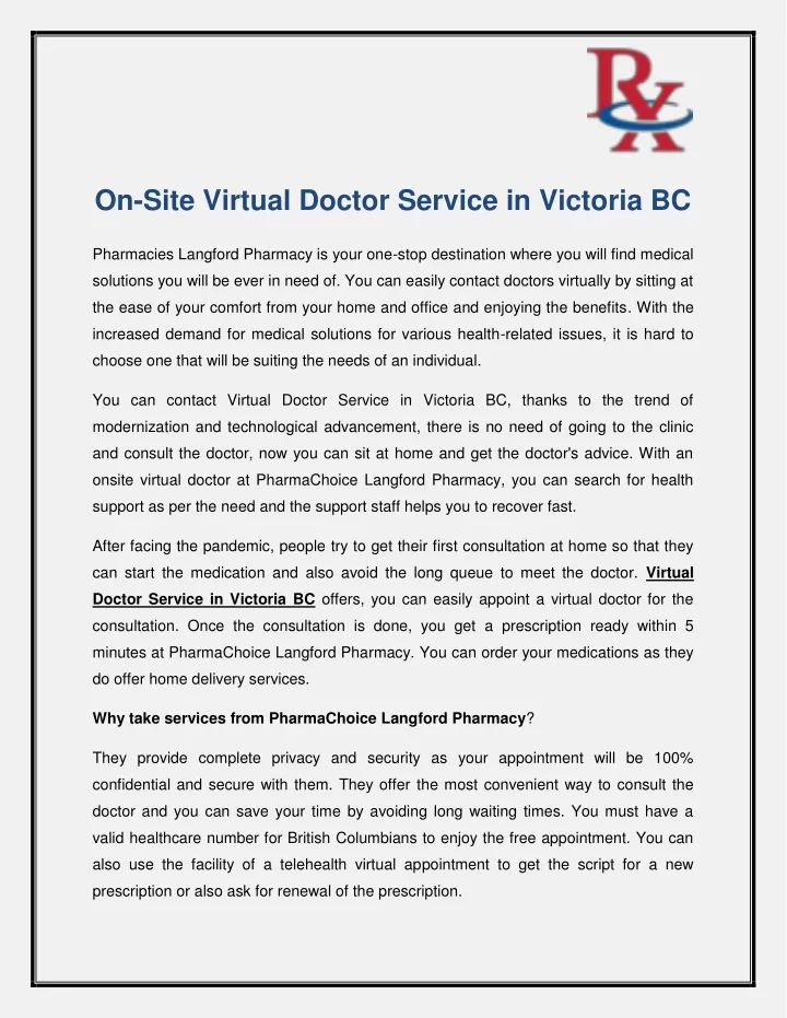 on site virtual doctor service in victoria bc