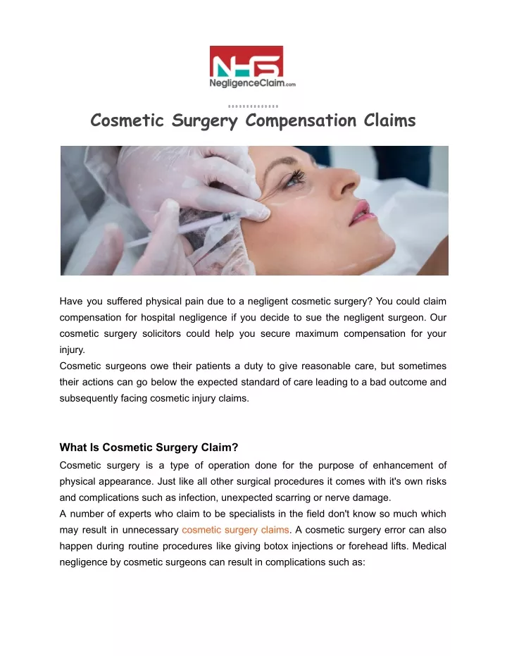 cosmetic surgery compensation claims