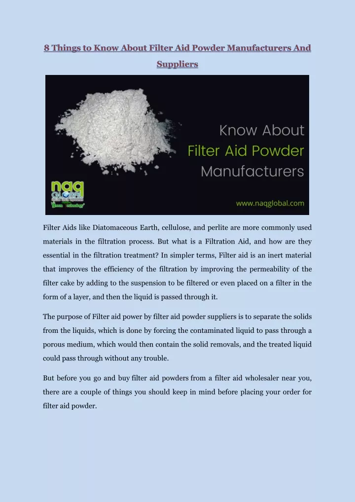 filter aids like diatomaceous earth cellulose