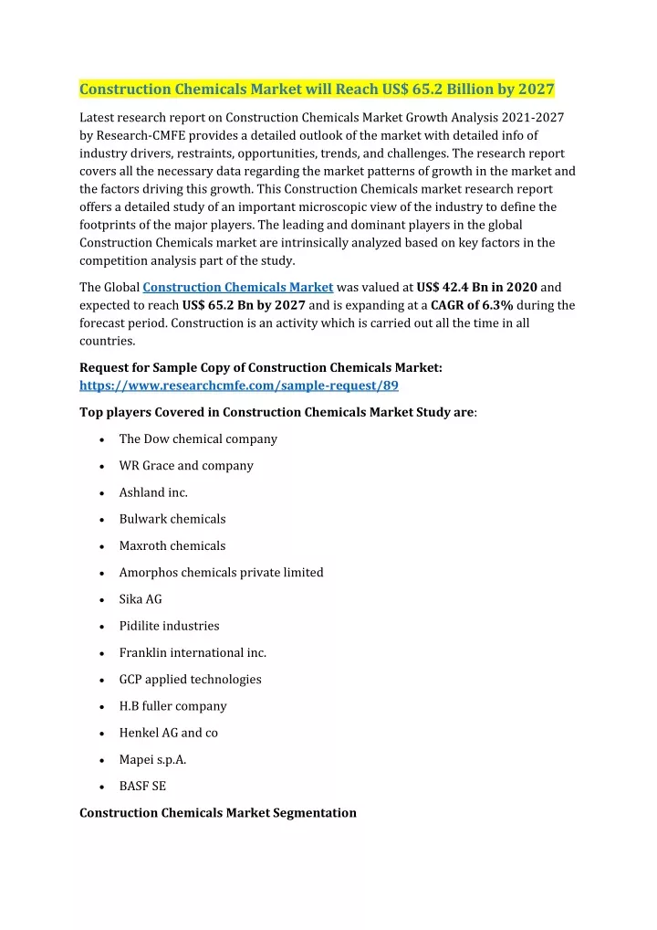 construction chemicals market will reach