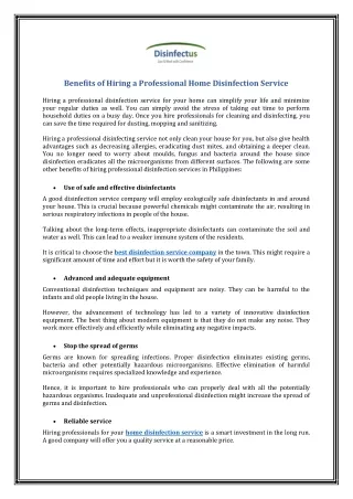 Benefits of Hiring a Professional Home Disinfection Service