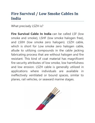 Fire Survival / Low Smoke Cables In India