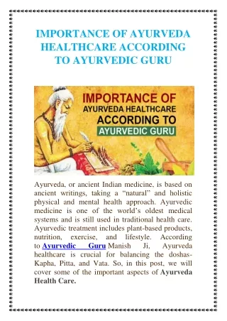 IMPORTANCE OF AYURVEDA HEALTHCARE ACCORDING TO AYU