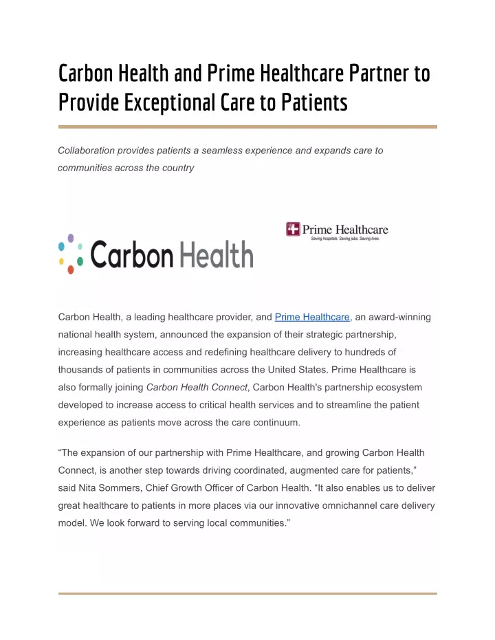 carbon health and prime healthcare partner