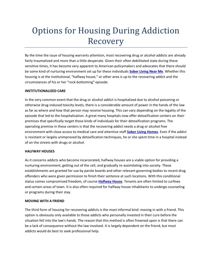 options for housing during addiction recovery