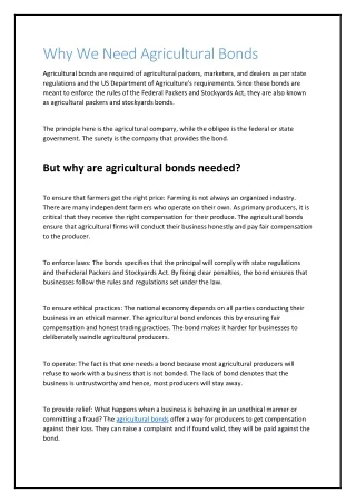why we need agricultural bonds