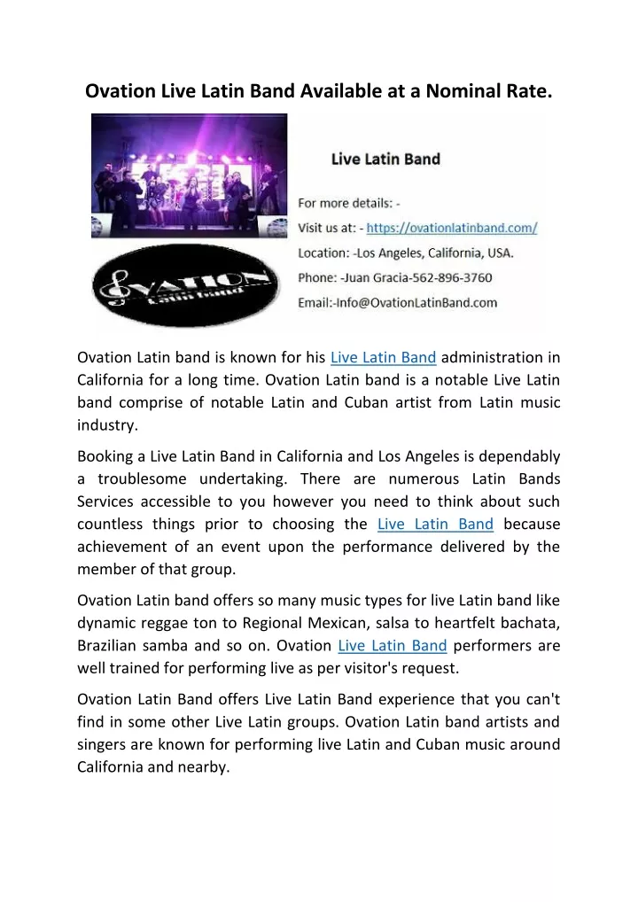 ovation live latin band available at a nominal