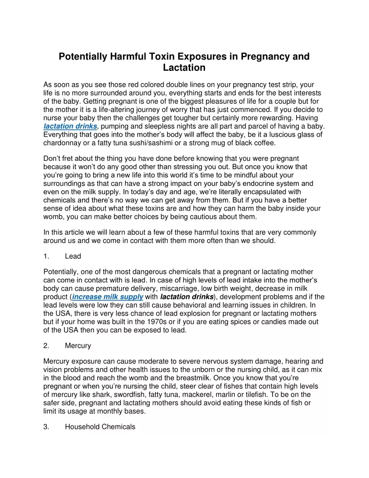 potentially harmful toxin exposures in pregnancy