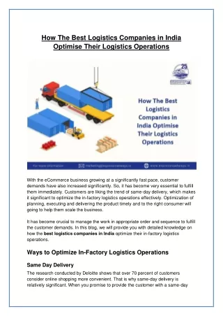 How The Best Logistics Companies in India Optimize In-Factory Logistics Operations