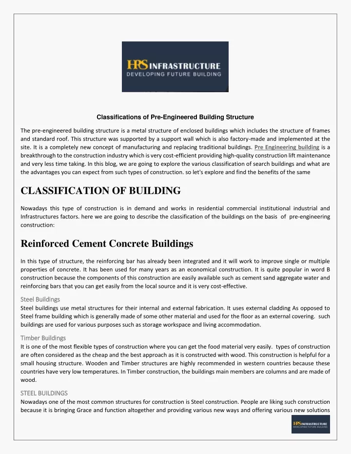 classifications of pre engineered building