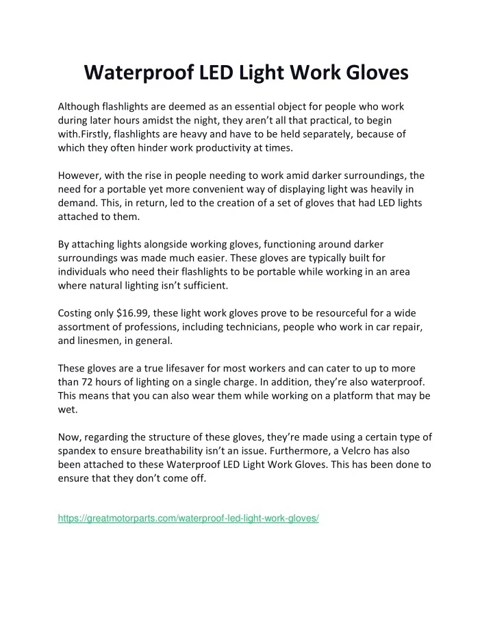 PPT Waterproof LED Light Work Gloves PowerPoint Presentation, free download ID11040394