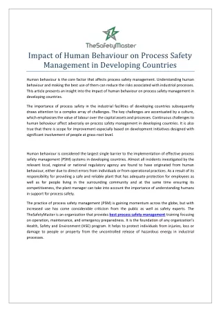 Impact of Human Behaviour on Process Safety Management in Developing Countries